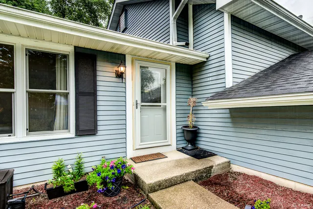 a view of a house with potted plants