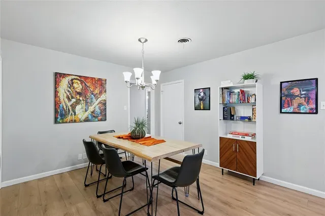 a view of a dining room with furniture wooden floor and a chandelier
