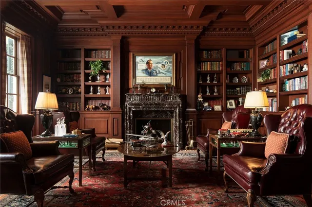 a living room with furniture a bookshelf and a fireplace