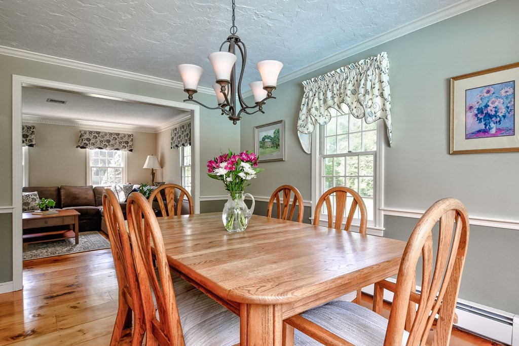 6 Dale Road Hopkinton, MA 01748 - Photo 8 of 39 a dining room with wooden floor a chandelier a wooden table and chairs