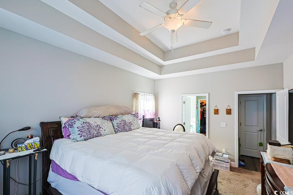 724 Hobonny Loop Longs, SC 29568 - Photo 12 of 40 Bedroom with a tray ceiling, a spacious closet, a ceiling fan, and carpet floors