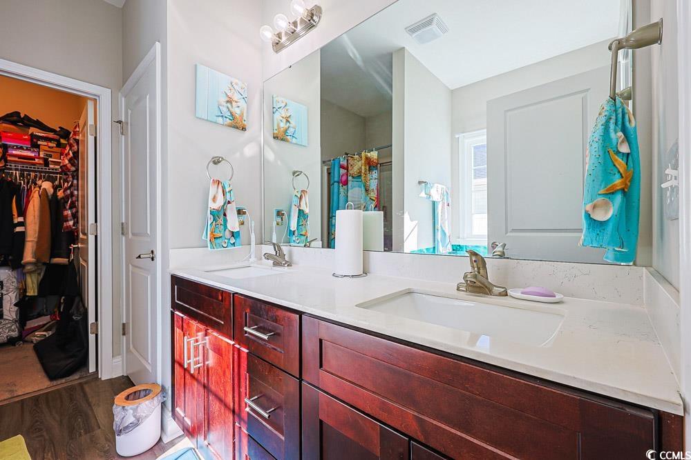 724 Hobonny Loop Longs, SC 29568 - Photo 14 of 40 Bathroom with double vanity, a walk in closet, and wood finished floors