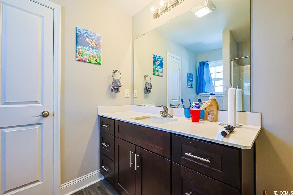 724 Hobonny Loop Longs, SC 29568 - Photo 22 of 40 Full bath featuring vanity, a shower with curtain, and dark wood-style floors