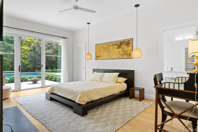 a spacious bedroom with a bed and a table