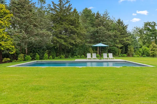 a view of a swimming pool and trees in the background