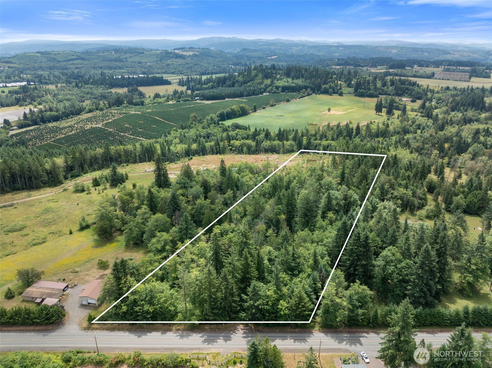 an aerial view of a residential houses with outdoor space and trees