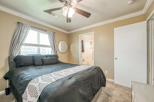 a bedroom with a large bed and a window