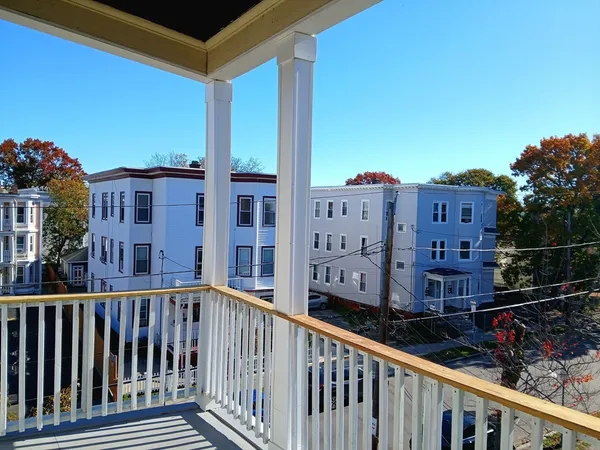 a view of a building from a balcony