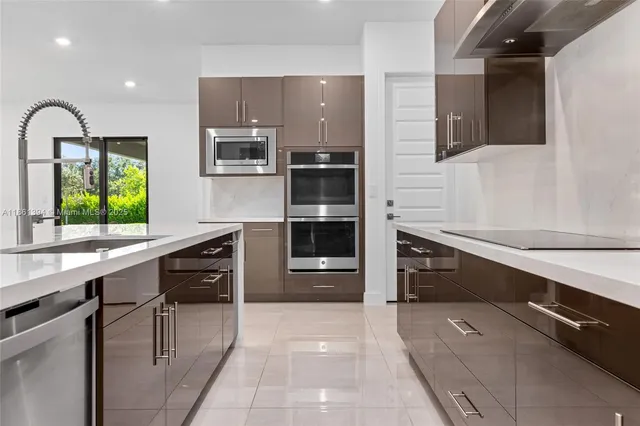 a kitchen with stainless steel appliances a stove and a refrigerator
