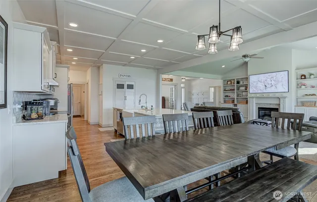 a view of a dining room with furniture