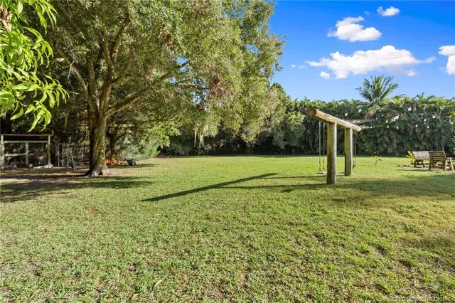 a view of a park with large trees