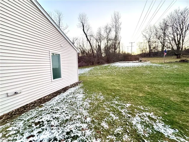 a view of a backyard with large trees