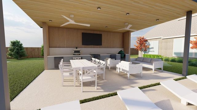 a view of a patio with chairs and a table