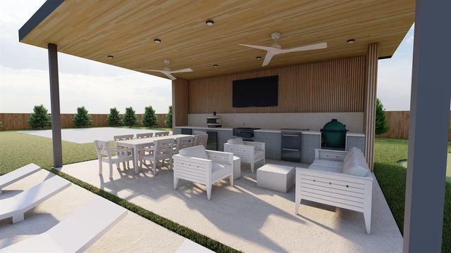 a view of a patio with a table and chairs