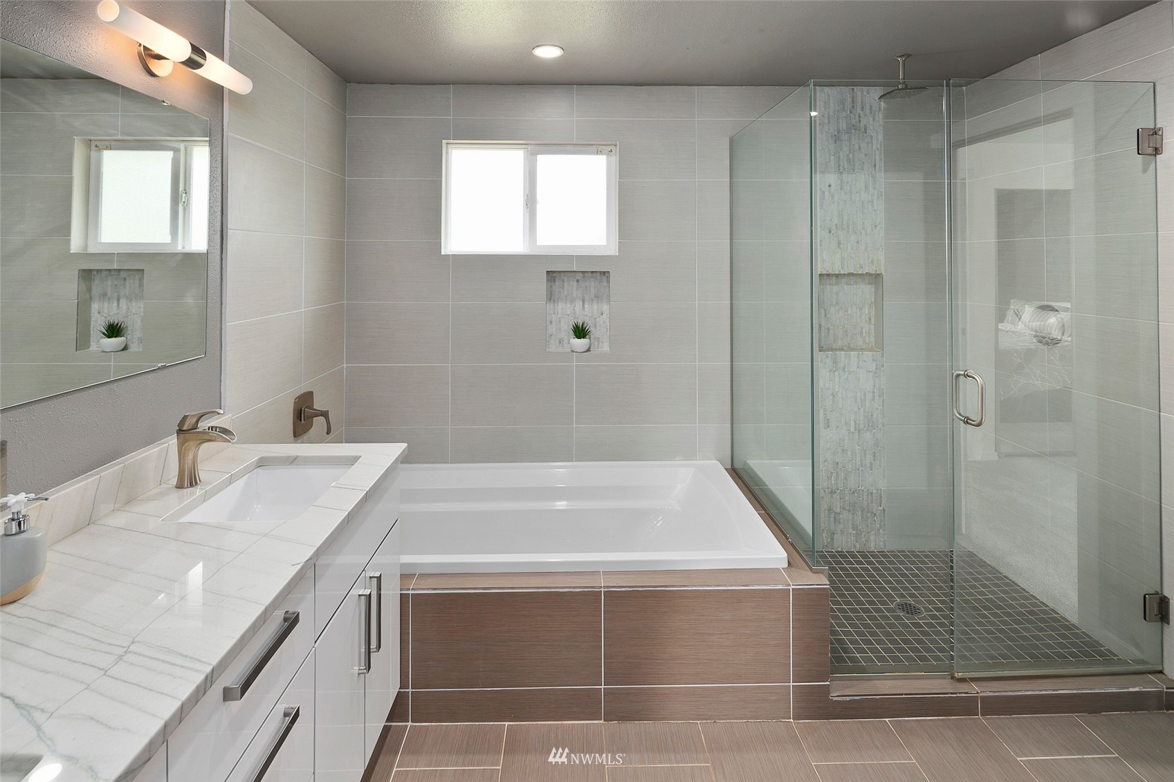 14416 Connelly Road Snohomish, WA 98296 - Photo 15 of 24 a bathroom with a granite countertop sink a shower and a mirror
