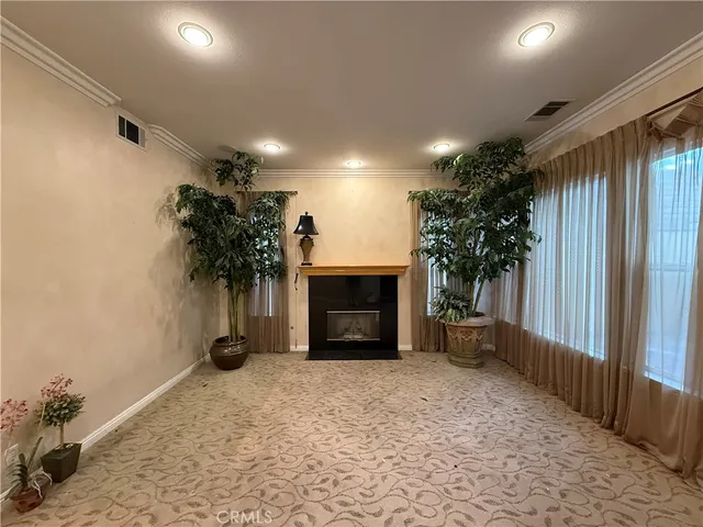 a view of a livingroom with a fireplace and potted plants