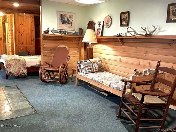 a view of a room with a large window