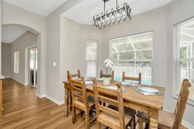 a view of a dining room with furniture window and outside view