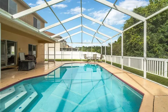 a view of a backyard with a swimming pool