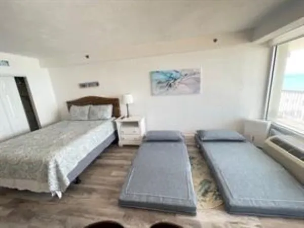 a bedroom with a bed and a couch