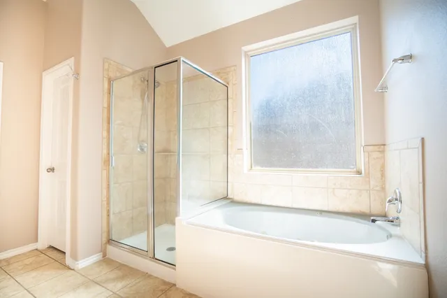 a bathroom with a shower and a bathtub
