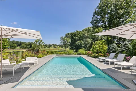 a view of a swimming pool with sitting area and garden