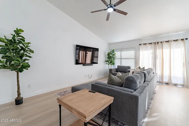 a living room with furniture and a potted plant