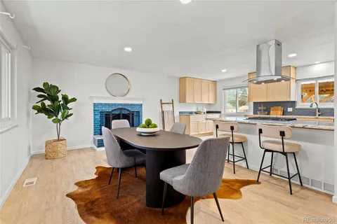a view of a dining room with furniture