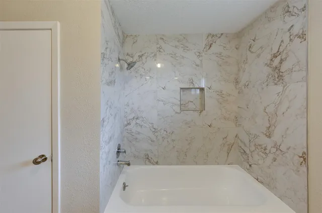 a bathroom with a bathtub