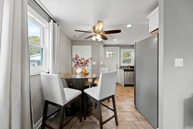 a view of a dining room with furniture window and outside view