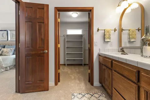 a bathroom with a sink a mirror and a shower