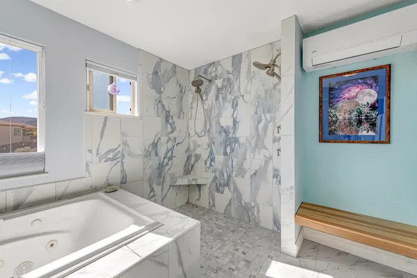 a bathroom with a tub and a shower
