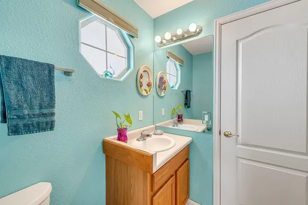 a bathroom with a sink mirror and vanity