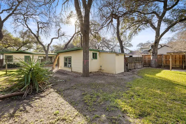 a view of a yard with a large tree