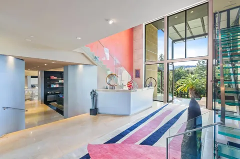 a living room with stairs