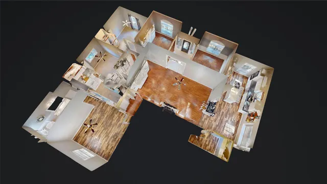 an aerial view of a house with a bed