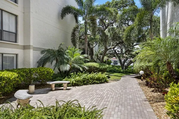 a view of a garden with an outdoor space