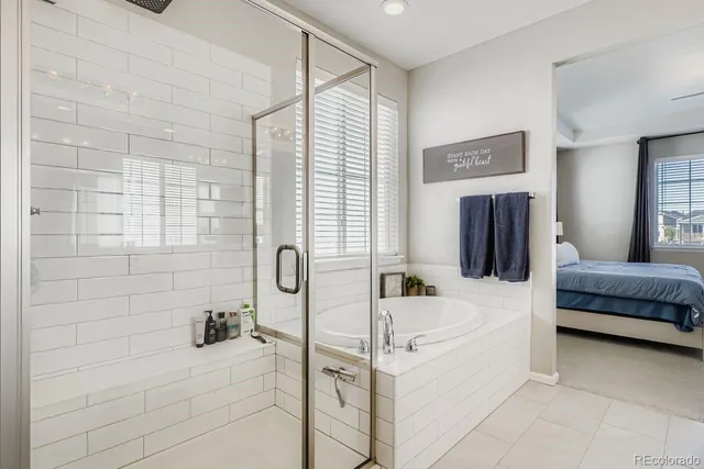 a bathroom with a tub sink and mirror