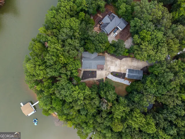 an aerial view of a house with a yard and a large tree