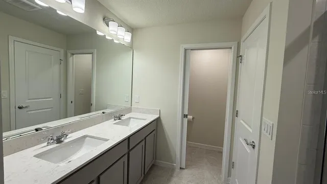 a bathroom with a double vanity sink and mirror
