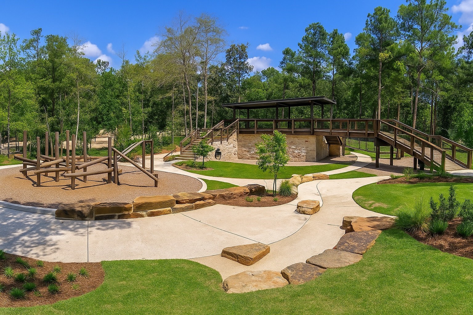 107 Yellow Perch Way Conroe, TX 77318 - Photo 38 of 44 Founders Park at The Woodlands Hills featuring open green space, shaded seating areas, walking paths, and a splash pad for resident enjoyment.