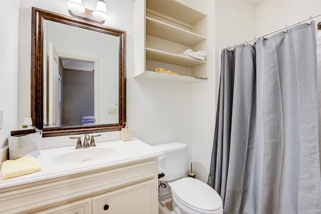 a bathroom with a sink a toilet a mirror and shower curtain