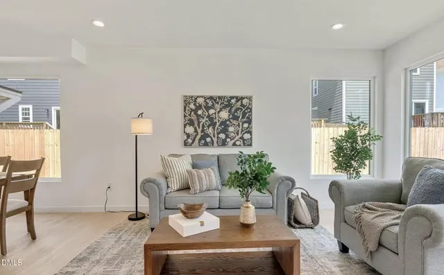 a living room with furniture and a potted plant