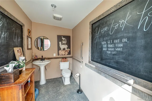 a living room with a toilet a sink and a window
