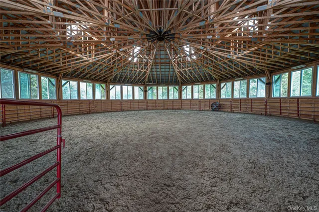 a view of a park with large trees