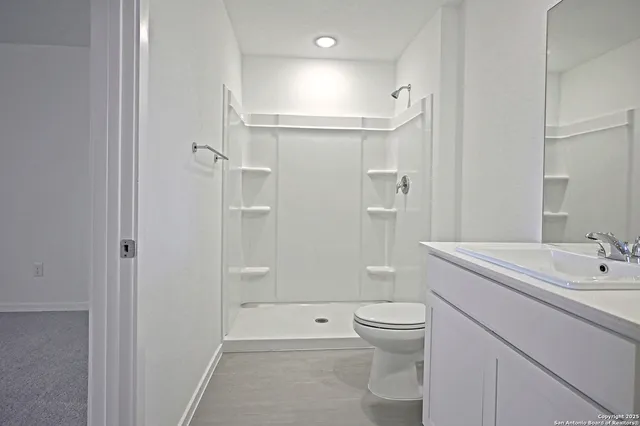a bathroom with a sink a toilet and shower