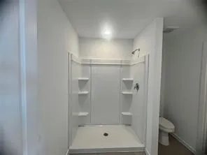 a bathroom with a shower a toilet and a sink