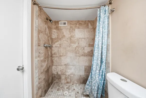 a bathroom with a shower and a toilet