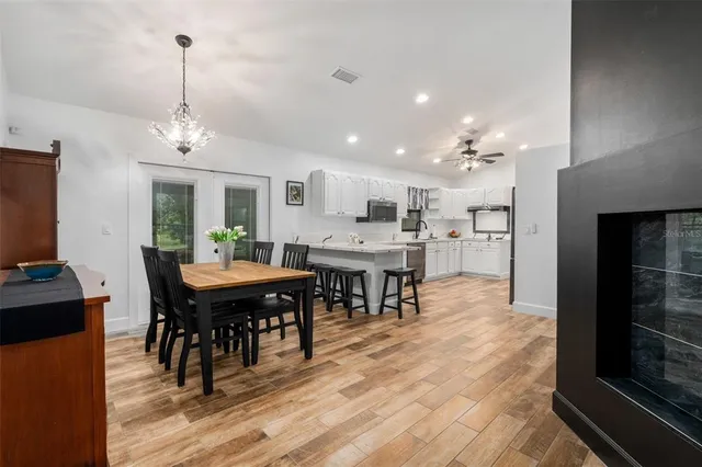 a view of a dining room with furniture