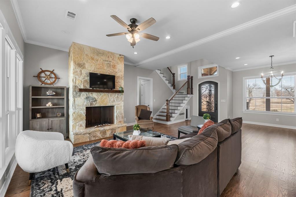 3016 Lake Ridge Drive Streetman, TX 75859 - Photo 9 of 40 And the floor to ceiling stone fireplace is perfect to gather around on chilly lake evenings for games or movies!
